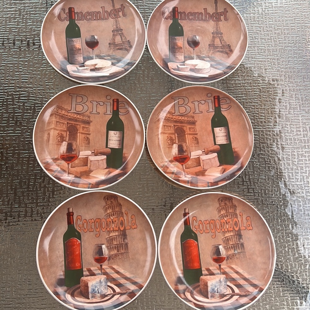 European Wine & Cheese Dessert and Appetizer Plate Set – 6 Plates with Gift Box